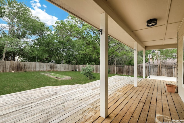wooden deck featuring a yard and a fenced backyard