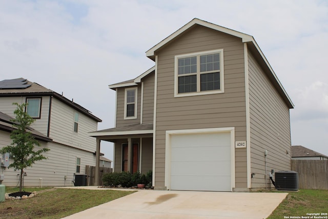view of front of house with fence, concrete driveway, and central air condition unit