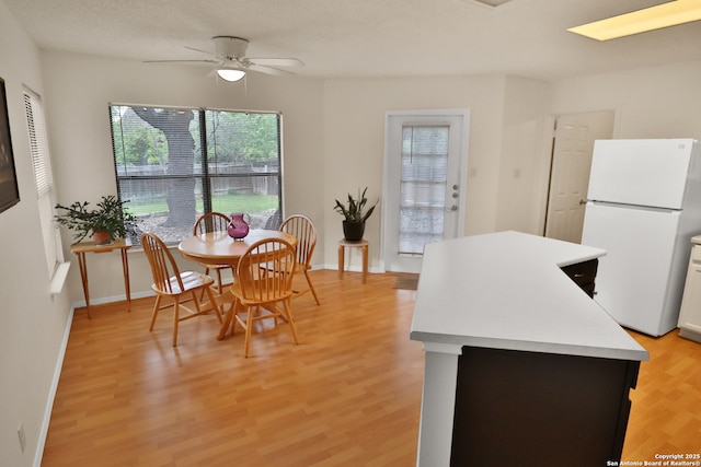 dining area with ceiling fan, light wood finished floors, and baseboards