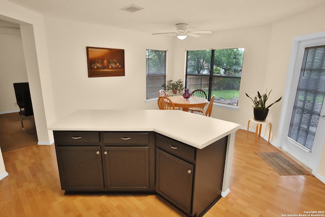 kitchen featuring light countertops, visible vents, a peninsula, and light wood-type flooring