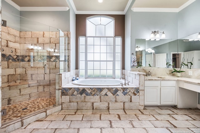 full bathroom with ornamental molding, a healthy amount of sunlight, a shower stall, and a bath