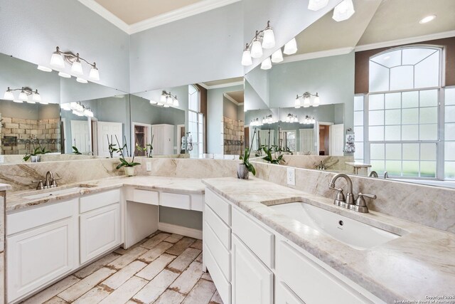 full bath featuring ornamental molding and vanity