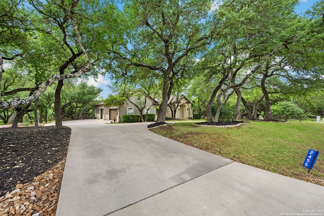 view of front of home with stucco siding, a front yard, and curved driveway