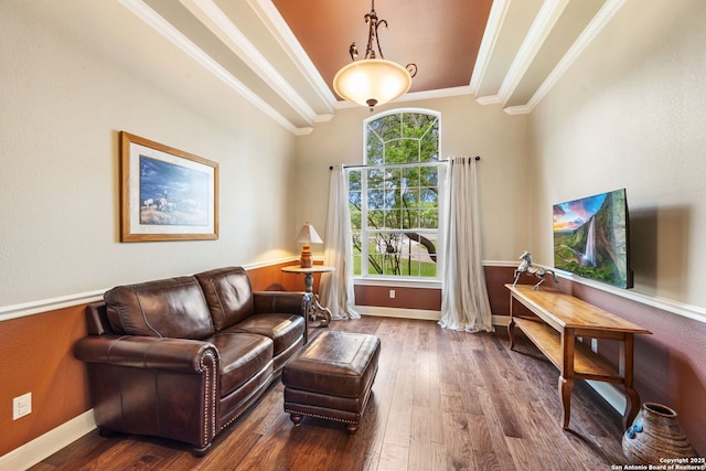 living area featuring wood finished floors, ornamental molding, and baseboards