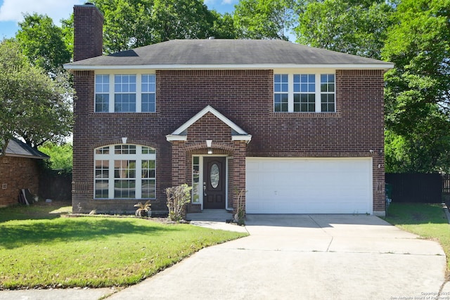 6530 Lochglen, San Antonio, TX 78240 - traditional-style home with a front lawn, a chimney, brick siding, concrete driveway, and an attached garage