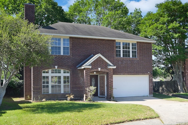 6530 Lochglen, San Antonio, TX 78240 - view of front facade featuring a garage, brick siding, a front yard, and concrete driveway