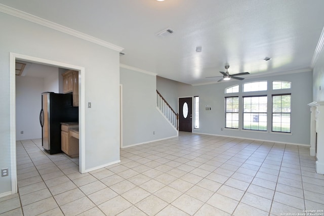 6530 Lochglen, San Antonio, TX 78240 - unfurnished living room featuring light tile patterned floors, crown molding, visible vents, a ceiling fan, and stairs