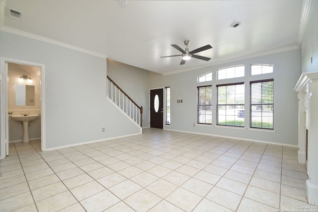 6530 Lochglen, San Antonio, TX 78240 - entryway featuring light tile patterned flooring, a ceiling fan, visible vents, stairs, and ornamental molding