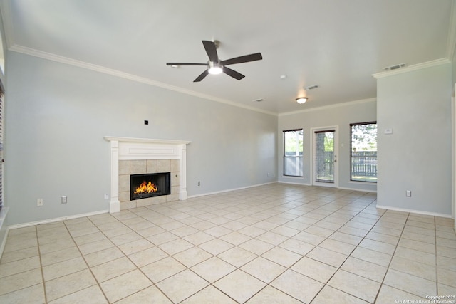 6530 Lochglen, San Antonio, TX 78240 - unfurnished living room with ornamental molding, a ceiling fan, and a fireplace