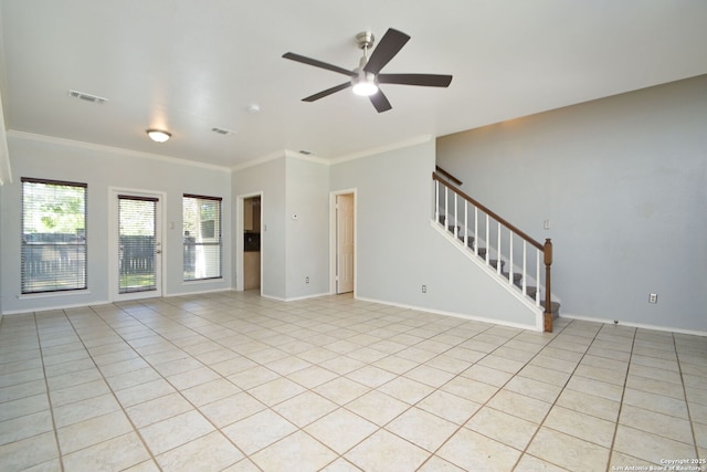 6530 Lochglen, San Antonio, TX 78240 - interior space with crown molding, stairs, visible vents, a ceiling fan, and baseboards