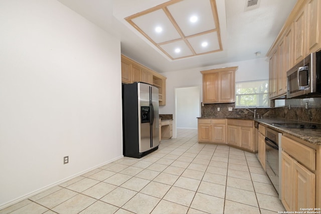 6530 Lochglen, San Antonio, TX 78240 - kitchen featuring tasteful backsplash, appliances with stainless steel finishes, visible vents, light brown cabinetry, and light tile patterned flooring