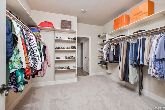 spacious closet featuring visible vents and carpet flooring