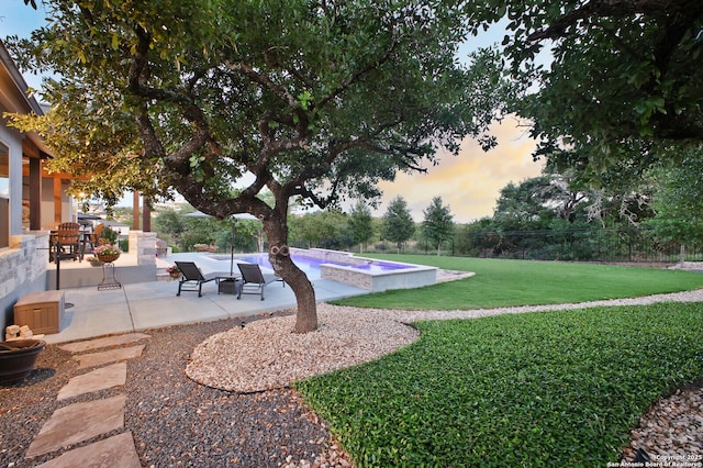 view of yard featuring a patio, an outdoor pool, and a fenced backyard