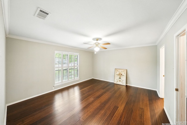 unfurnished room featuring ceiling fan, dark wood-type flooring, crown molding, visible vents, and baseboards