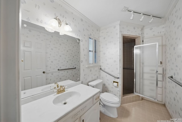 full bathroom with tile patterned flooring, a shower stall, rail lighting, toilet, and crown molding