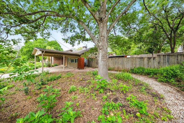view of yard with an attached carport, a patio area, and fence