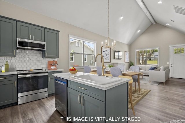 kitchen with a kitchen island with sink, a sink, appliances with stainless steel finishes, and light countertops