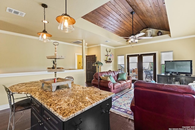 living area featuring wooden ceiling, dark wood-type flooring, a ceiling fan, visible vents, and french doors