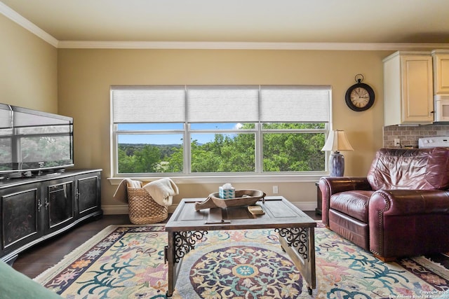 living area featuring wood finished floors, crown molding, and baseboards