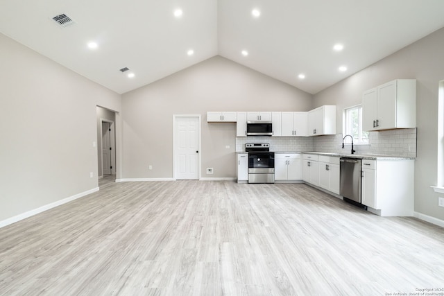 908 Plum, Floresville, TX 78114 - kitchen with a sink, visible vents, backsplash, white cabinetry, and appliances with stainless steel finishes