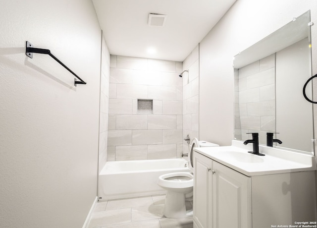 908 Plum, Floresville, TX 78114 - bathroom with visible vents, shower / bathtub combination, toilet, tile patterned floors, and vanity