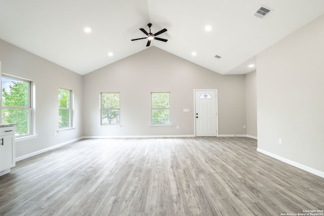 908 Plum, Floresville, TX 78114 - unfurnished living room with recessed lighting, ceiling fan, light wood-style floors, and visible vents