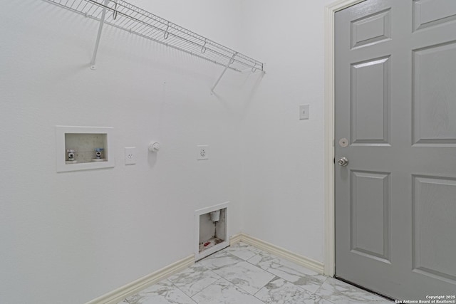 clothes washing area featuring hookup for a gas dryer, electric dryer hookup, laundry area, hookup for a washing machine, and marble finish floor