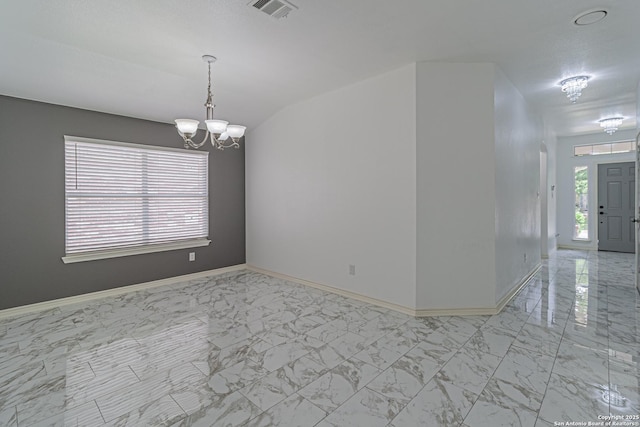 unfurnished room with a chandelier, visible vents, baseboards, and marble finish floor