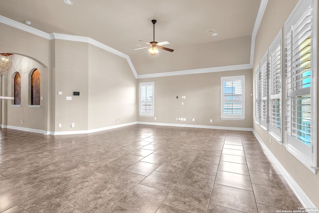 unfurnished living room featuring ornamental molding, baseboards, vaulted ceiling, and ceiling fan with notable chandelier