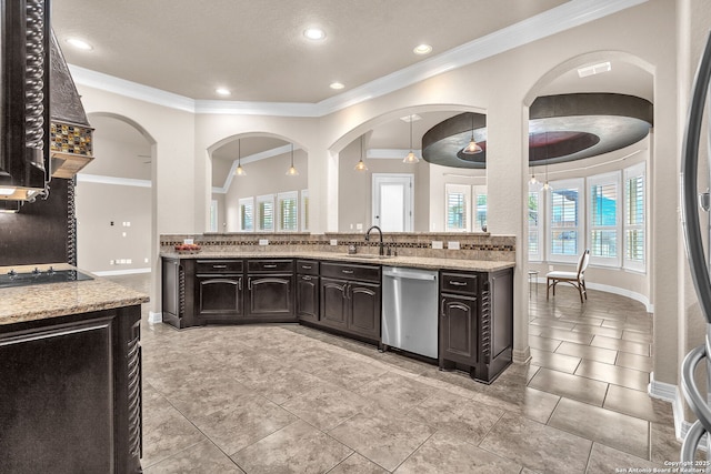 kitchen featuring a sink, crown molding, light stone countertops, and dishwasher