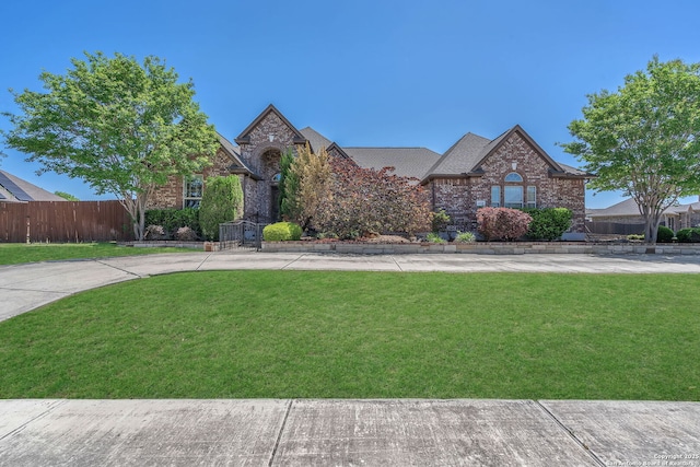 view of front of home with fence, a front yard, and brick siding