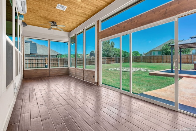 unfurnished sunroom featuring a ceiling fan and visible vents