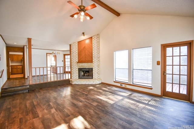 15019 Churchill Ests, San Antonio, TX 78248 - unfurnished living room featuring high vaulted ceiling, beam ceiling, wood finished floors, and ceiling fan with notable chandelier