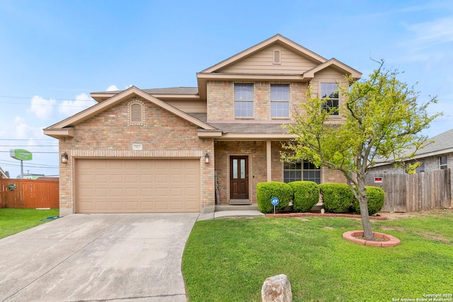traditional home featuring concrete driveway, brick siding, fence, and a front lawn
