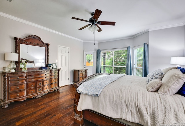 bedroom with crown molding, baseboards, ceiling fan, and hardwood / wood-style floors