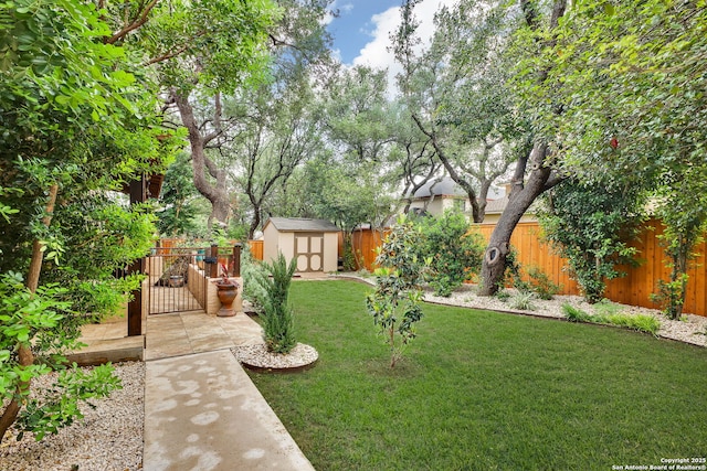 view of yard with a fenced backyard, an outdoor structure, and a shed