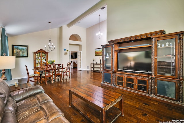 living area with high vaulted ceiling, dark wood-type flooring, beam ceiling, and a chandelier