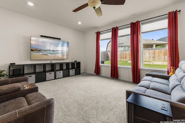 living room featuring recessed lighting, a ceiling fan, carpet flooring, and baseboards