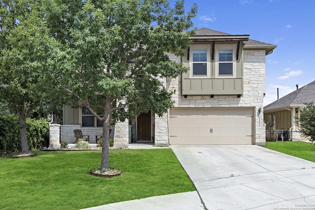 view of front of house with a front yard, a garage, stone siding, board and batten siding, and concrete driveway