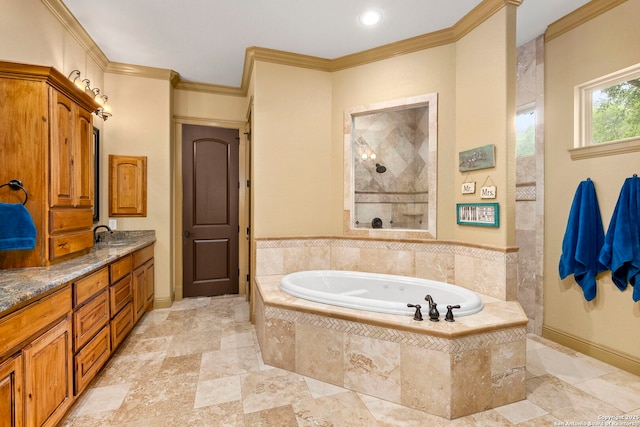 bathroom featuring baseboards, walk in shower, ornamental molding, a bath, and vanity