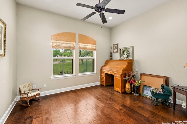 interior space with recessed lighting, a ceiling fan, dark wood-style flooring, and baseboards