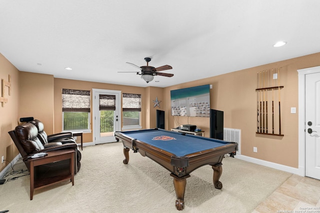 game room with baseboards, recessed lighting, a ceiling fan, and pool table
