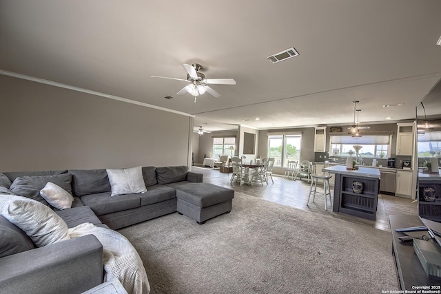 living room with visible vents, a ceiling fan, and crown molding