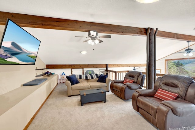 living room with beam ceiling, a ceiling fan, baseboards, and carpet floors