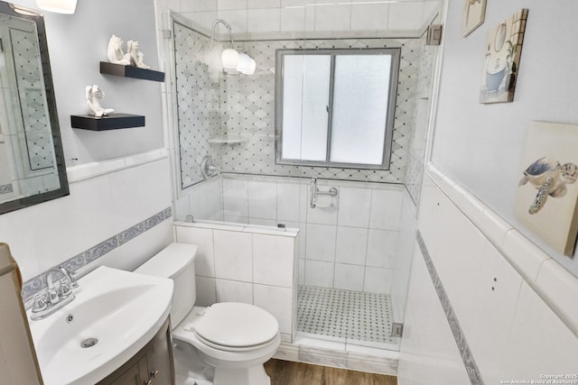 bathroom with a shower stall, a wainscoted wall, toilet, wood finished floors, and vanity