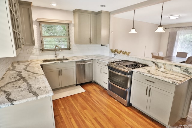 kitchen featuring a sink, a peninsula, appliances with stainless steel finishes, and light wood-style floors