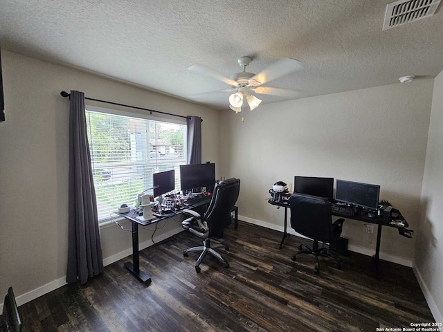 943 Patton, San Antonio, TX 78237 - office area featuring baseboards, visible vents, wood finished floors, and ceiling fan
