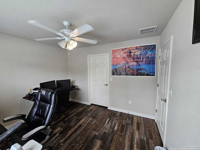 943 Patton, San Antonio, TX 78237 - office featuring a textured ceiling, visible vents, ceiling fan, baseboards, and wood finished floors