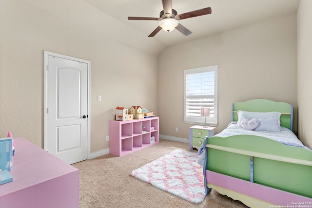 bedroom with baseboards, a ceiling fan, carpet floors, and lofted ceiling