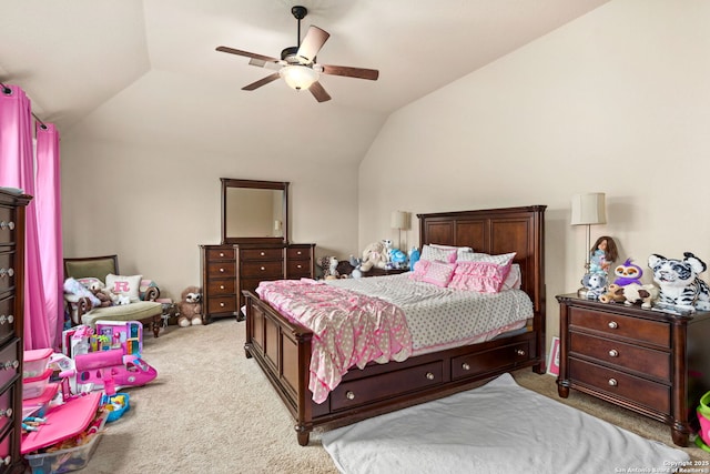 bedroom with lofted ceiling, light colored carpet, and ceiling fan